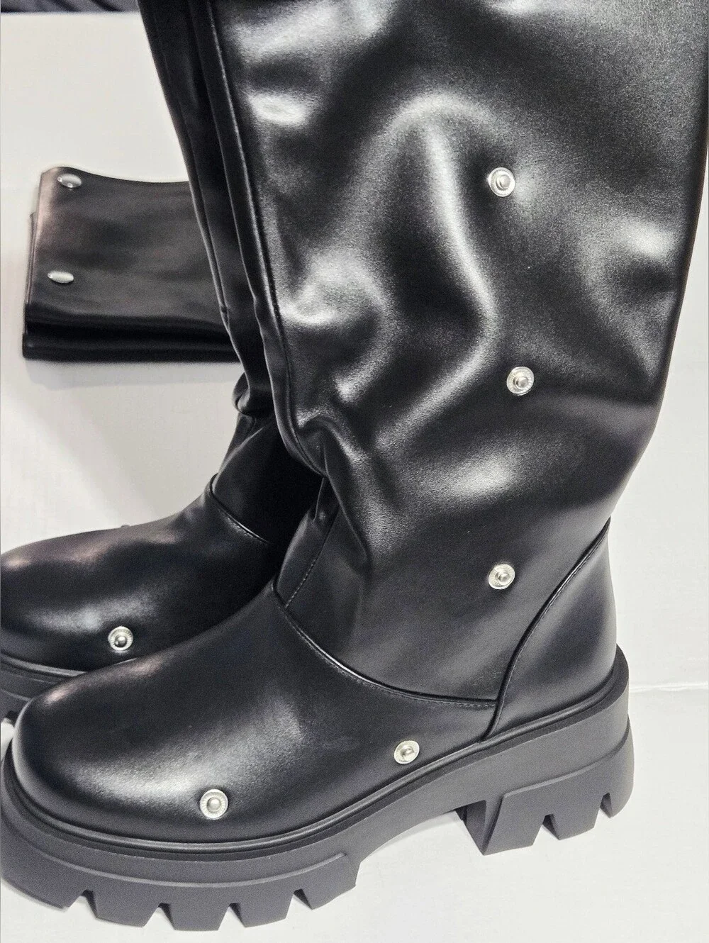 Size 7.5 Black Platform Boots w/ Removable Snap-On Wrap Panels Chunky Lug Sole